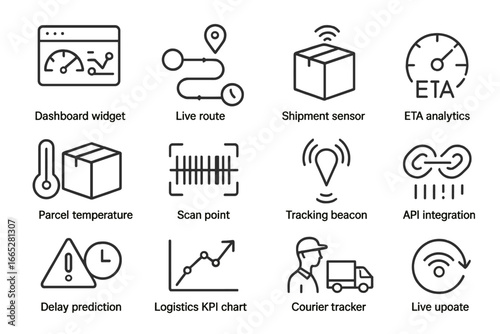 Logistics Line Icons. Line style icons of real-time logistics data: dashboard widget, live route icon, shipment sensor, ETA