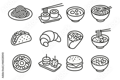 Global Cuisine Icons. Line style icons of popular cuisines: Italian pasta, Japanese sushi, Indian curry, Mexican taco, French