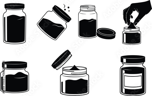 Collection of six silhouette jars with lids offering various contents and hand interaction