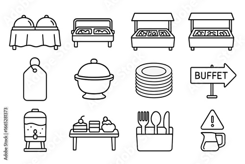 Buffet Icons Collection. Line style icons of buffet service: buffet table icon, self-serve tray, sneeze guard, salad bar icon,