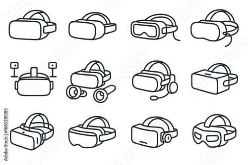 VR Headset Icons. Line style icons of VR headsets: full VR headset, standalone VR, VR goggles, wired VR set, VR with sensors,