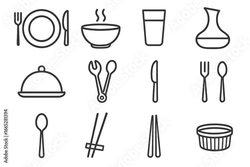 Tableware Line Icons. Line style icons of tableware and serving tools: dinner plate, fork and knife icon, soup bowl icon, drinking