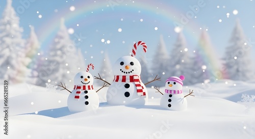 Cute Snowmen Family with Candy Canes in Snowy Winter Wonderland with Rainbow isolated PNG with Transparent Background