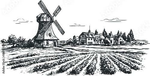 Rural landscape with windmill, farmhouses, and agricultural fields