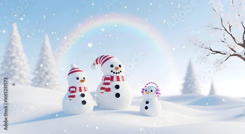 Cute Snowman Family in Snowy Winter Landscape with Pine Trees, Rainbow, and Snowflakes isolated PNG with Transparent Background