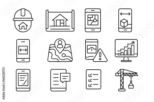AR Construction Icons. Line style icons of AR for construction: AR hard hat display, blueprint overlay, project site plan AR, live
