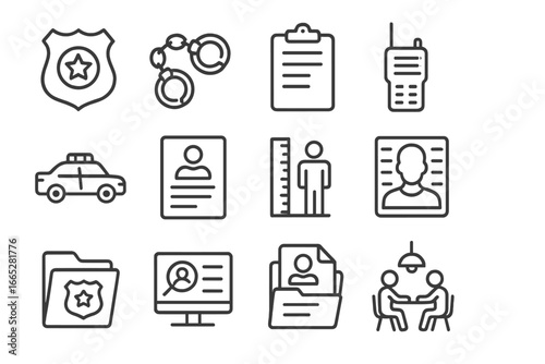 Police Icons Set. Line style icons of police and law enforcement: police badge, handcuffs icon, police report pad, radio icon,