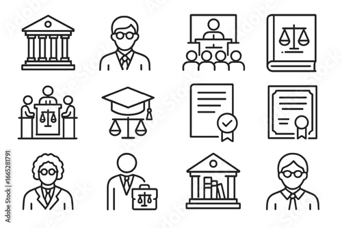 Legal Education Icons. Line style icons of legal education: law school building, law student icon, legal lecture hall, case study