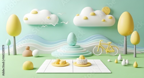 Minimalist 3D Render of Pastel Spring Easter Scene with Eggs, Cake, Bicycle, and Clouds isolated PNG with Transparent Background