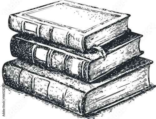 Stack of three vintage books with textured pages and leather bindings