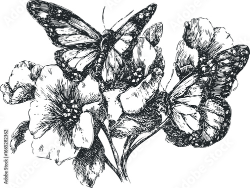 Detailed Black and White Sketch of Two Butterflies on Blooming Flowers