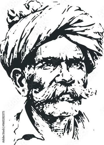 Intense Black and White Portrait of an Indian Man Wearing a Turban
