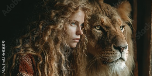 Woman gazing thoughtfully beside a majestic lion in a serene environment at dusk