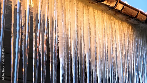 Icicles forming on the roof of a house, slowly dripping water as they melt.