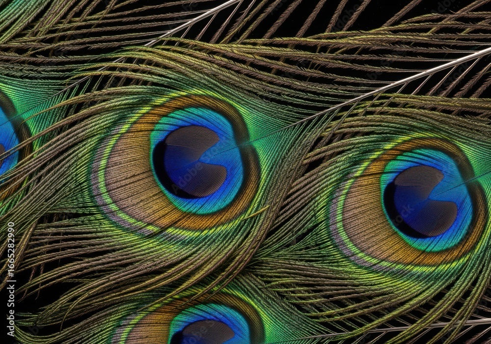 Fototapeta premium Closeup of iridescent peacock feathers with intricate eye patterns in vibrant colors