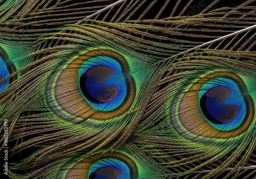 Closeup of iridescent peacock feathers with intricate eye patterns in vibrant colors