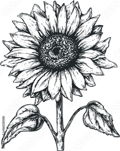 Detailed Ink Drawing of a Large Sunflower with Two Leaves