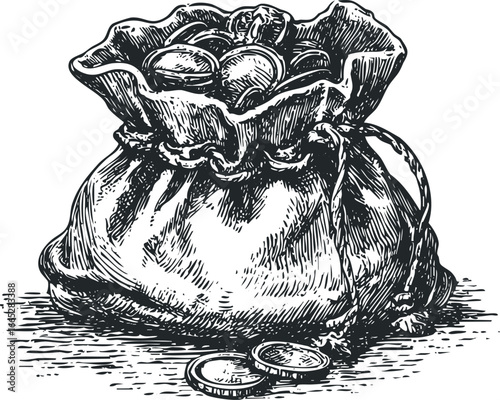 Detailed ink drawing of a full drawstring money bag overflowing with coins
