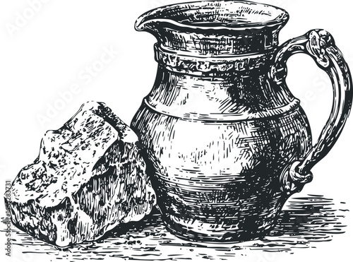 Old Metal Pitcher and Rough Stone Isolated on White Background Sketch