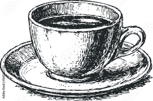 Hand drawn sketch of a coffee cup and saucer filled with hot beverage