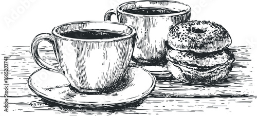 Hand drawn sketch of two coffee cups with pastries on a wooden surface
