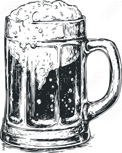 Hand drawn beer mug filled with frothy beverage and bubbles