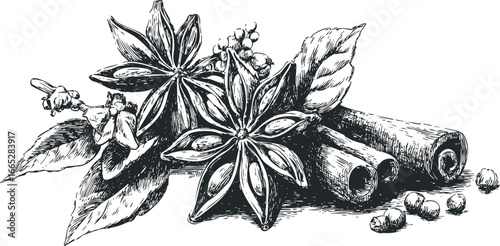 Detailed sketch of star anise pods and cinnamon sticks