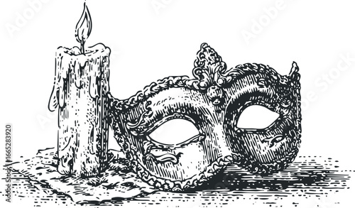 Ornate Venetian Mask and Burning Candle on Textured Surface
