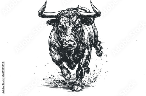 Powerful bull charging forward with determined gaze and muscular build