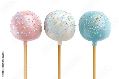 Three colorful cake pops with sprinkles on sticks, isolated on white transparent background