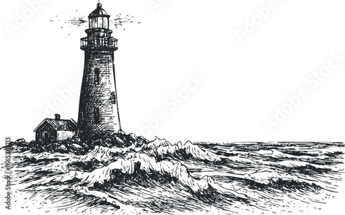 Sketch of a Lighthouse on Rocky Shore with Crashing Waves