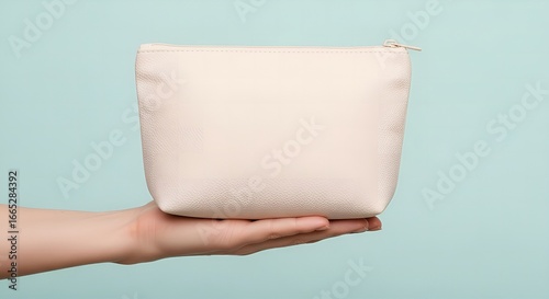 Hand holding a white fabric pouch against a light blue background
