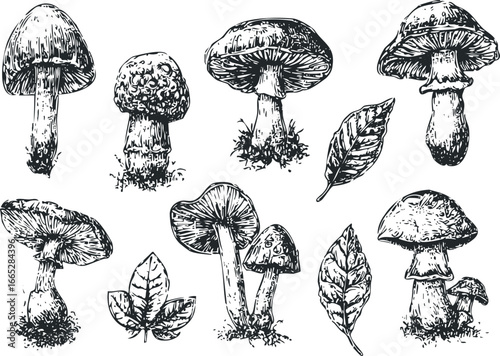Collection of Hand Drawn Mushroom Varieties and Autumn Leaves