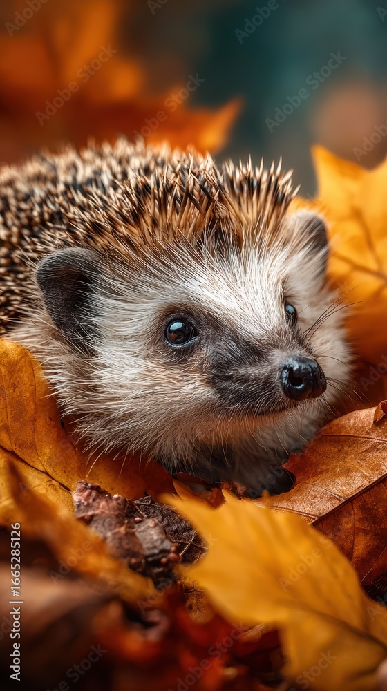 Fototapeta premium Curious hedgehog explores a colorful autumn landscape filled with fallen leaves