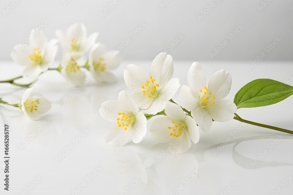 Obraz premium White Jasmine on Reflective Surface – Minimalist Floral Wallpaper for Tranquil Aesthetic 