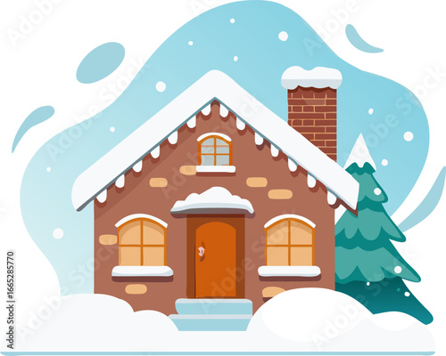 Charming snow covered village house illustration isolated on white background isolated on transparent background