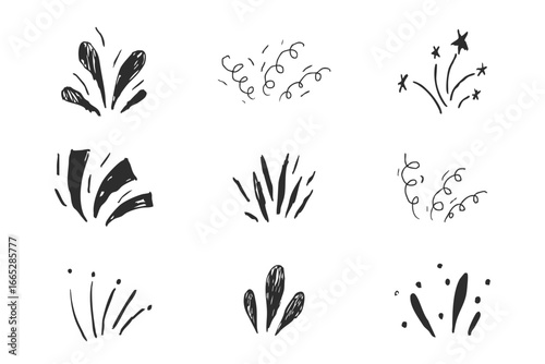 Firework confetti spark burst comic manga explosion. Doodle hand drawn line spark party celebration. Radial japan minimal set.