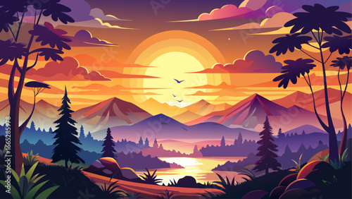 Majestic Dandeli sunset paints horizon in mesmerizing hues, golden light shimmering across sky, silhouette whispers calm, eternal beauty radiates softly, timeless glow inspires peace, harmony between 
