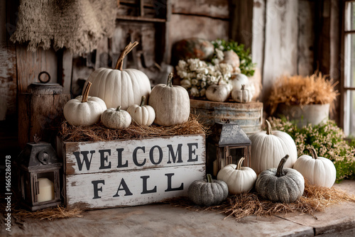 Fototapeta Naklejka Na Ścianę i Meble -  Rustic autumn decor with white and gray pumpkins, hay, flowers and lanterns around a vintage welcome fall sign