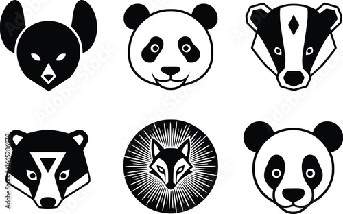 Diverse collection of six stylized animal head silhouettes featuring a chinchilla panda badger and fox in artistic black and white designs