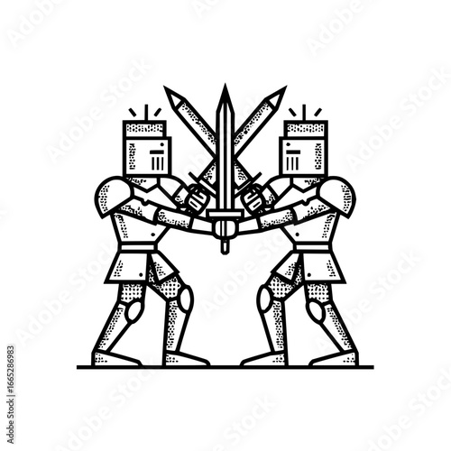 Two knights dueling with swords in a medieval battle scene illustration vector art design drawing image