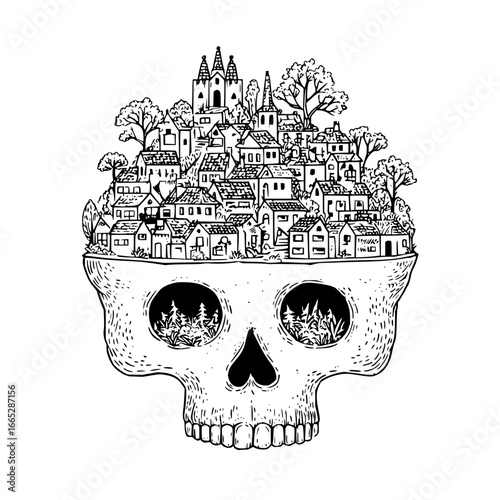 Skull with cityscape drawing vector illustration for tattoo design and halloween graphic art concept
