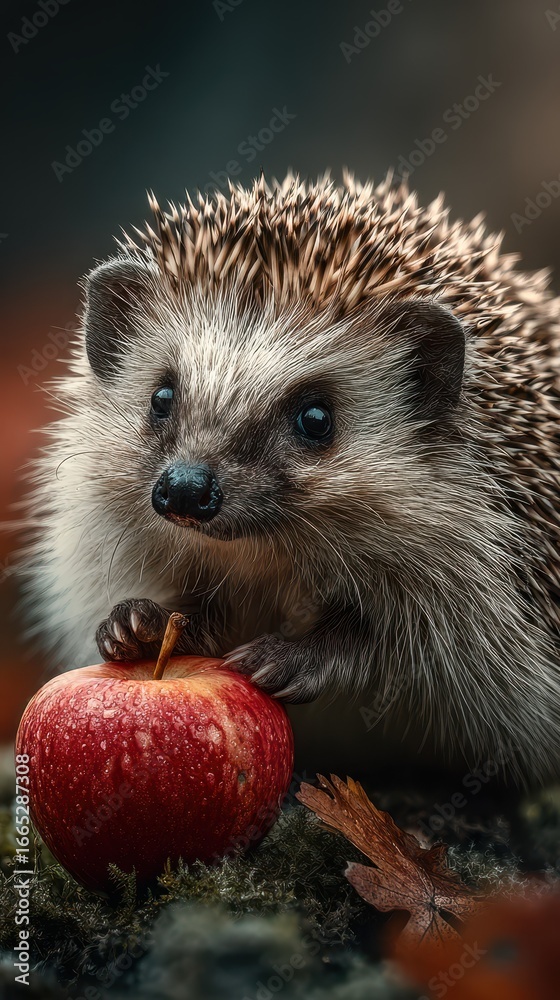 Fototapeta premium Hedgehog interacts with a bright red apple in a natural setting during autumn