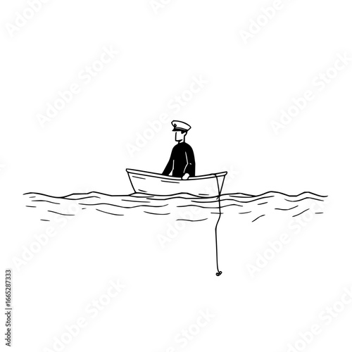 Minimalist line drawing of a sailor in a rowboat on the water for nautical themed design and art projects
