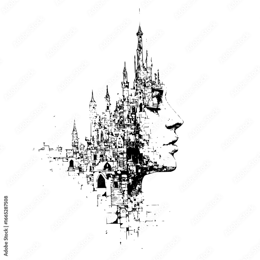 Obraz premium Dreamlike fusion of a woman's profile and a sprawling castle drawing in black and white illustration art