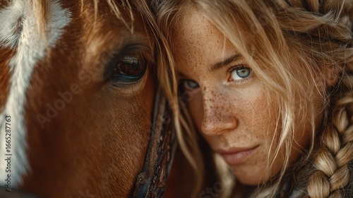 Young woman with freckles closely interacting with a horse in a warm, natural setting during daylight