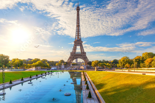 Scenic Eiffel Tower view with sunset reflection, Paris, France