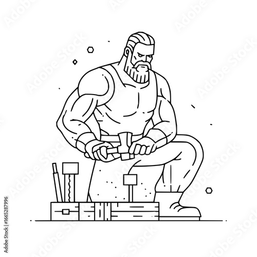 Illustration of a muscular blacksmith working with a hammer in his workshop line art vector design