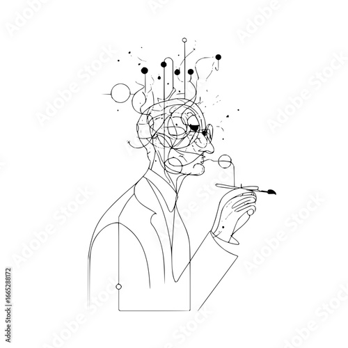 Minimalist line art illustration of a creative thinker with abstract mind and artistic expression