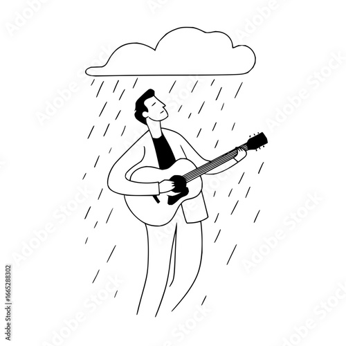 Man playing guitar in the rain vector illustration for music lovers and rainy day song inspiration design